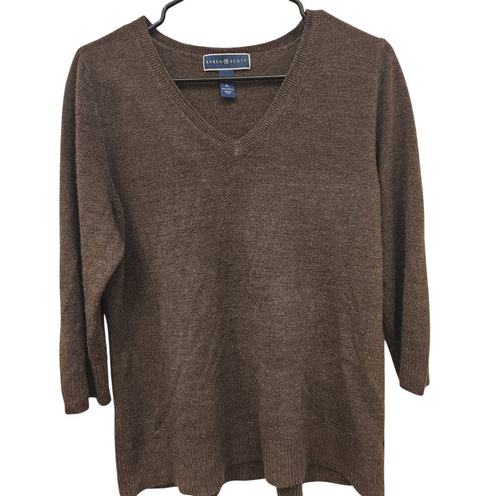 Karen Scott Brown 3/4 Sleeve Coastal Classic Comfort Capsule Traditional Sweater